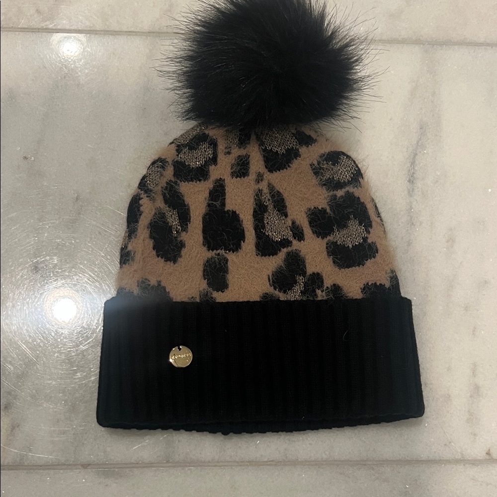 Express Leopard Print Beanie with Black Pom